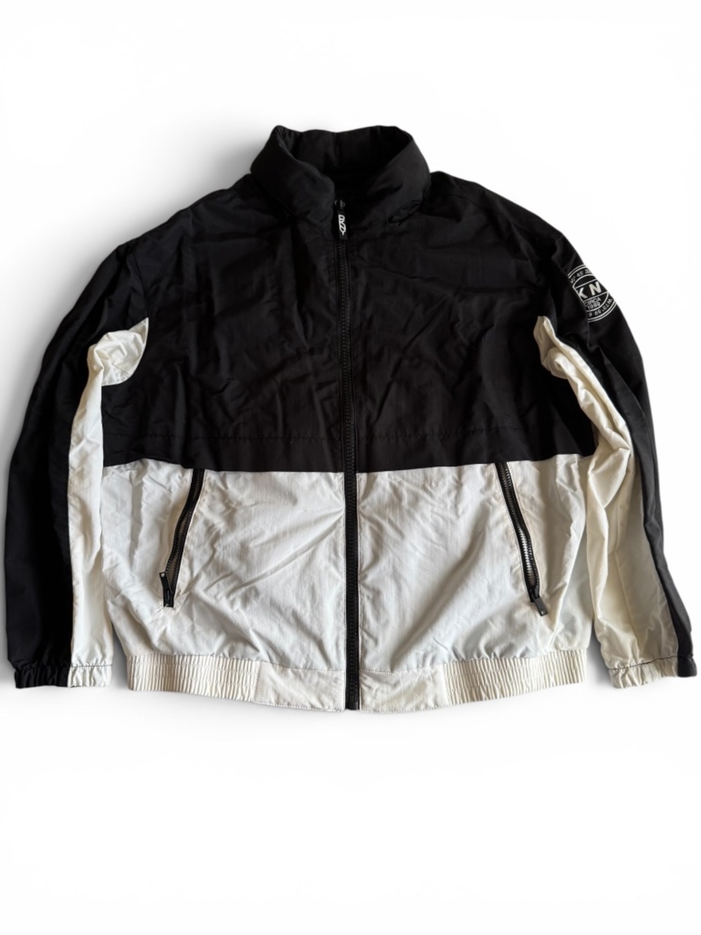 DKNY Black White Colorblock Hooded Windbreaker Jacket XL Full Zip Mesh Lined